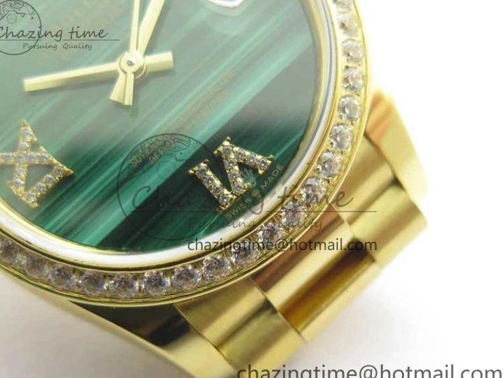 MiroTime 0305 Versatile Daydate 278288 31mm YG EWF Best Edition Green Malachite Dial Crystal Markers on YG President Bracelet ETA 2606